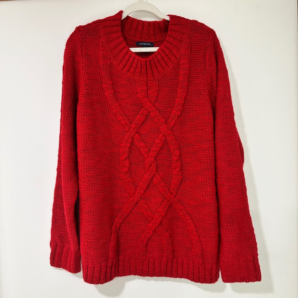Lands' End Womens 2X Red Wool Blend Cable Knit Chunky Sweater Plus Christmas